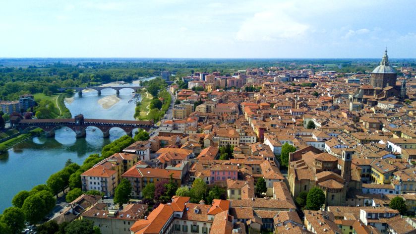 Aerial video shooting with drone on Pavia, famous Lombardia city near the Ticino river in northern Italy